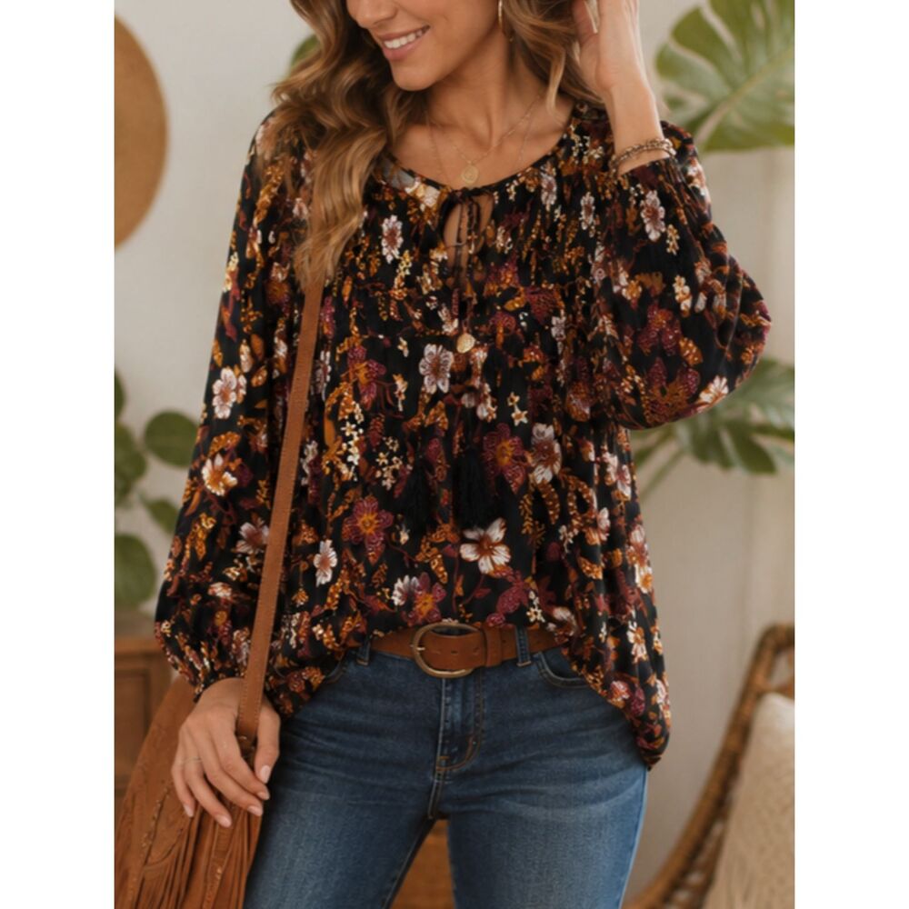 NEW! Grace + Karma Floral Smocked Peasant Blouse Boho Tie Neck Top Large L